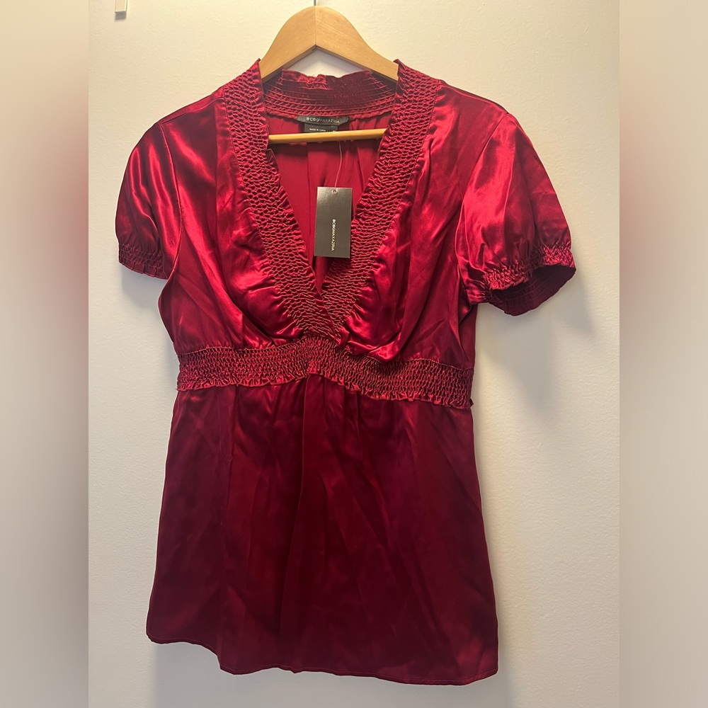 New BCBGMaxAzria red 100% silk v neck blouse, Never Worn, New With Tags, Medium